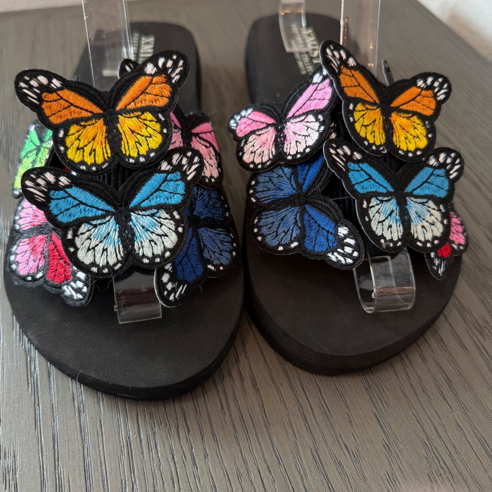 Xmistuo Womens Butterfly Embroidered Platform Slide Sandals Black Multi Whimsy